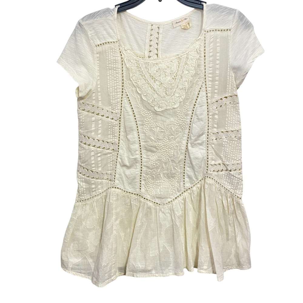 Meadow Rue Anthropologie Women XS Top Ivory Embroidered Embellished Cream Cotton